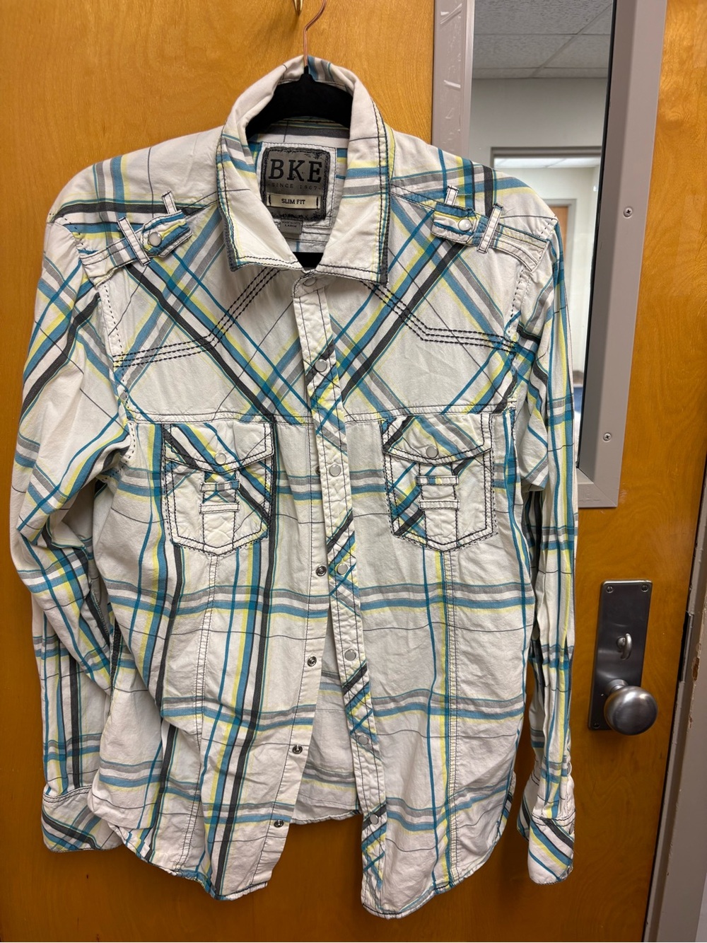 BKE White Plaid Button-Up Shirt Slim Fit Large